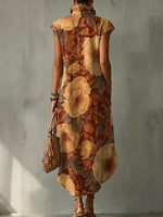 Retro Floral Decorative Pattern Women‘s Bud Collar Cotton Linen Dress