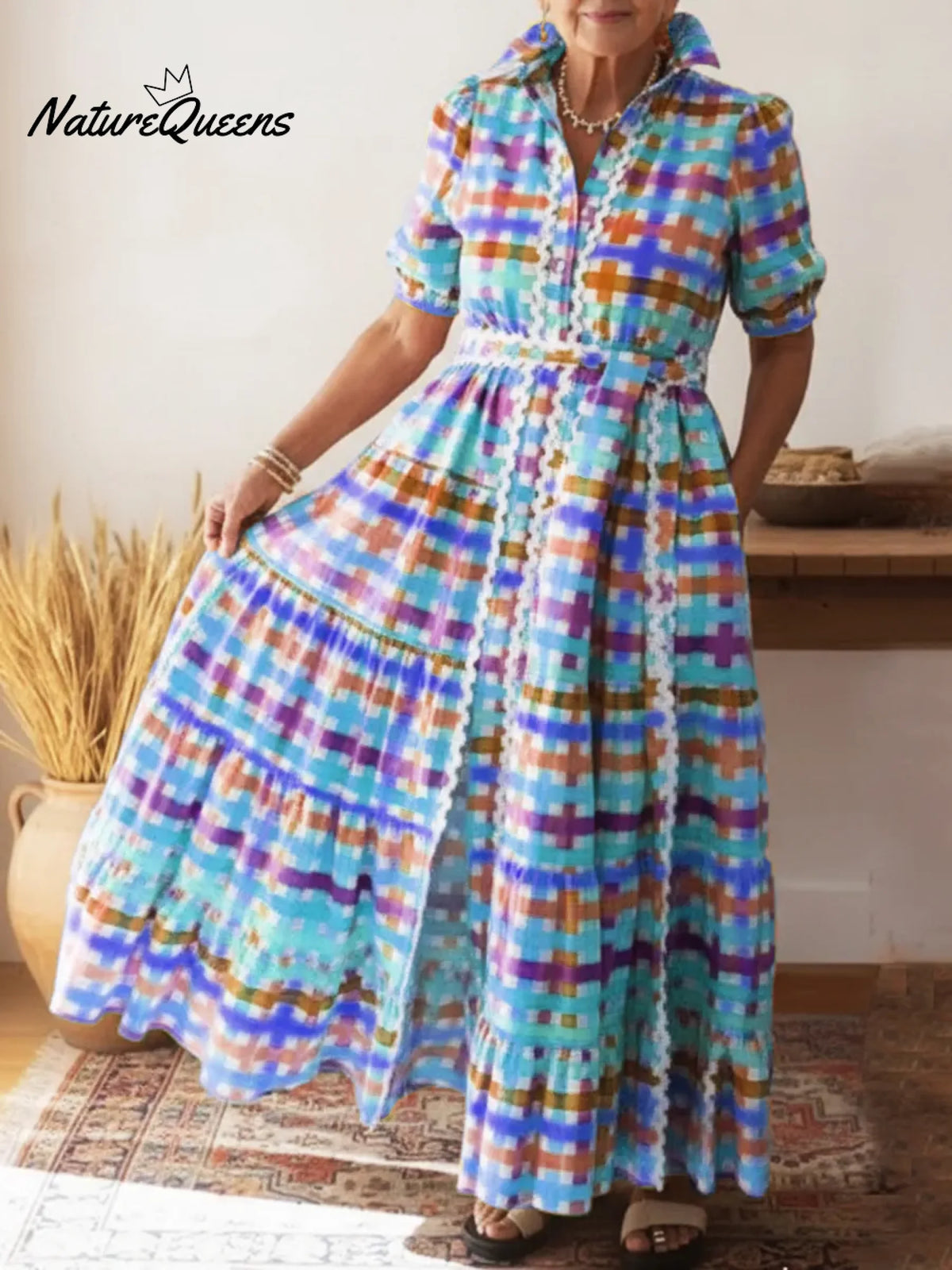 Colorful Square Art Print Collared Shirt Dress