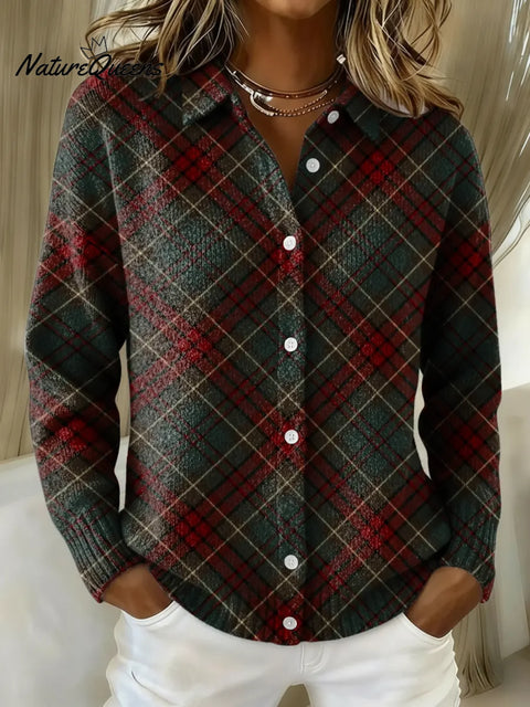 Women's Retro Plaid Printed Collared Sweater
