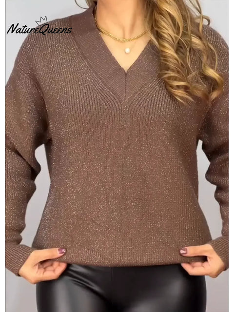 Women's V Neck Shiny Knit Sweater