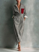 Women's Striped Cotton-linen Shirt-collar Long-sleeve Dress