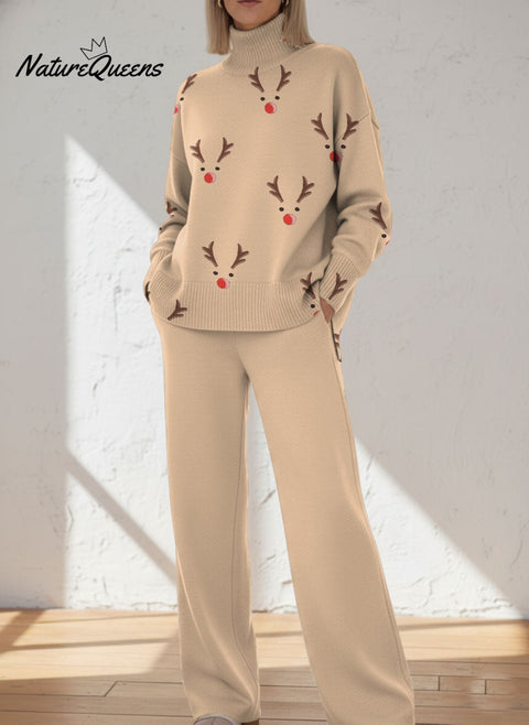 Christmas Reindeer Decoration Pattern Casual Stand Collar Long Sleeve Top And Casual Long Pants