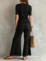 Ribbed Top With Lace Trim + Flared Pants Set