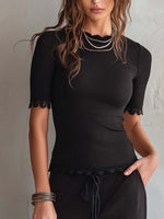 Ribbed Top With Lace Trim + Flared Pants Set