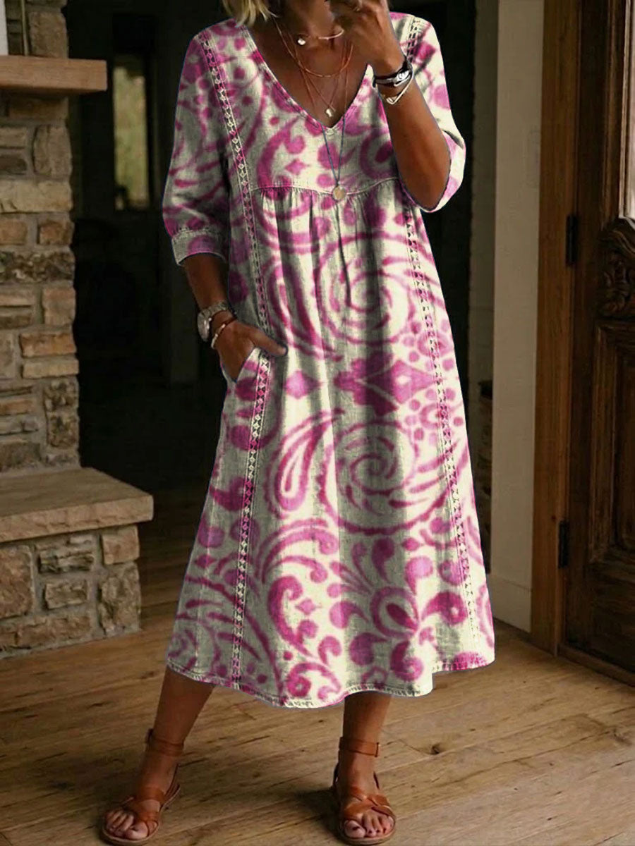 Women's Flower Print Casual Loose-fit Cotton-linen Dress With Lace Trim And Paneling