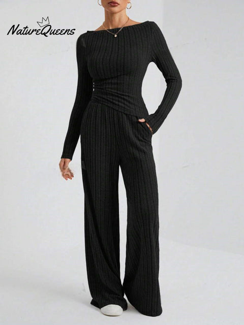 Women's Casual Striped Loose Long Sleeve Top Pants Knitted Suit