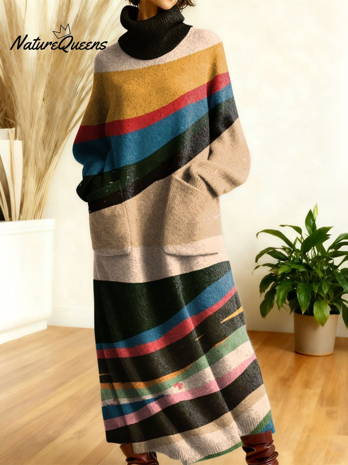 Women's Retro Abstract Geometric Colorful Splicing Patterns Art High-neck Long-sleeve Casual Loose Knit Dress