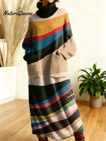 Women's Retro Abstract Geometric Colorful Splicing Patterns Art High-neck Long-sleeve Casual Loose Knit Dress