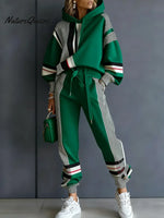 Women's Color Block Long Sleeve Casual Loose Hooded Sweatshirt And Elastic Waist Casual Pants Set