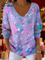 Women'sshiny Color Gradient Art Pattern Art Print V-neck Solid Color Loose Shiny Sweater
