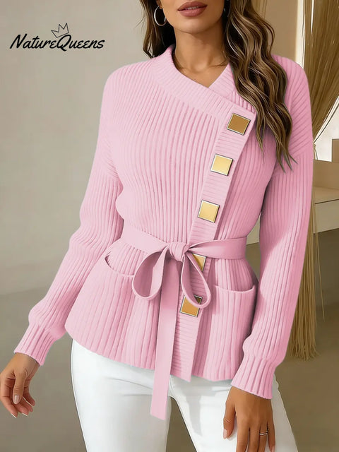 Women's Solid Color Cardigan Collar Long Sleeve Casual Loose Knit Top
