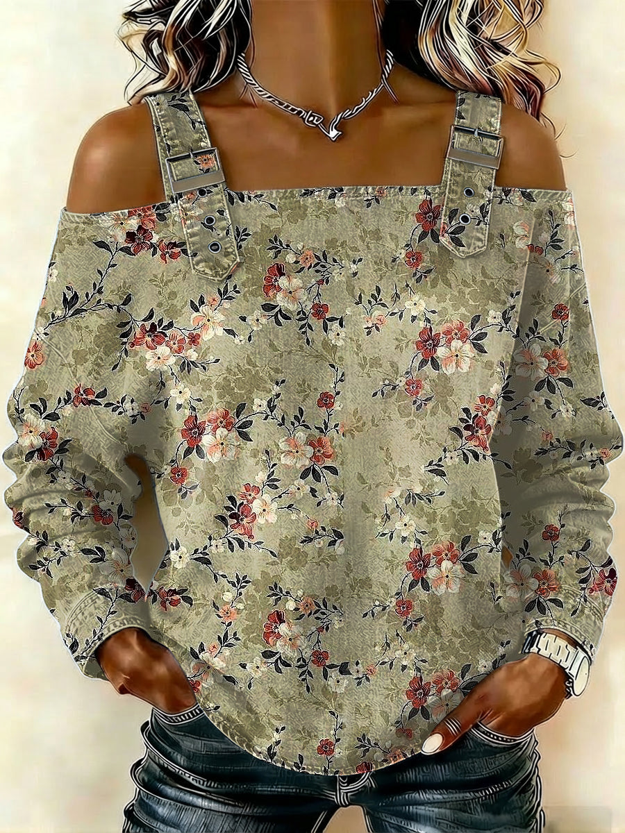 Women‘s Vintage Flower Pattern Art Print Casual Cotton Shirt