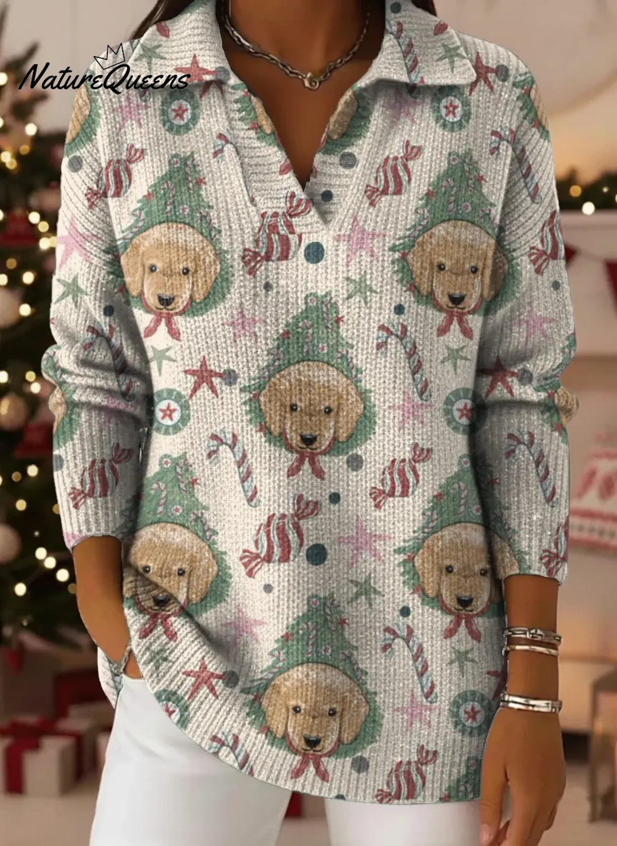 Cute Christmas Puppy Print Lapel Casual Knit Sweater