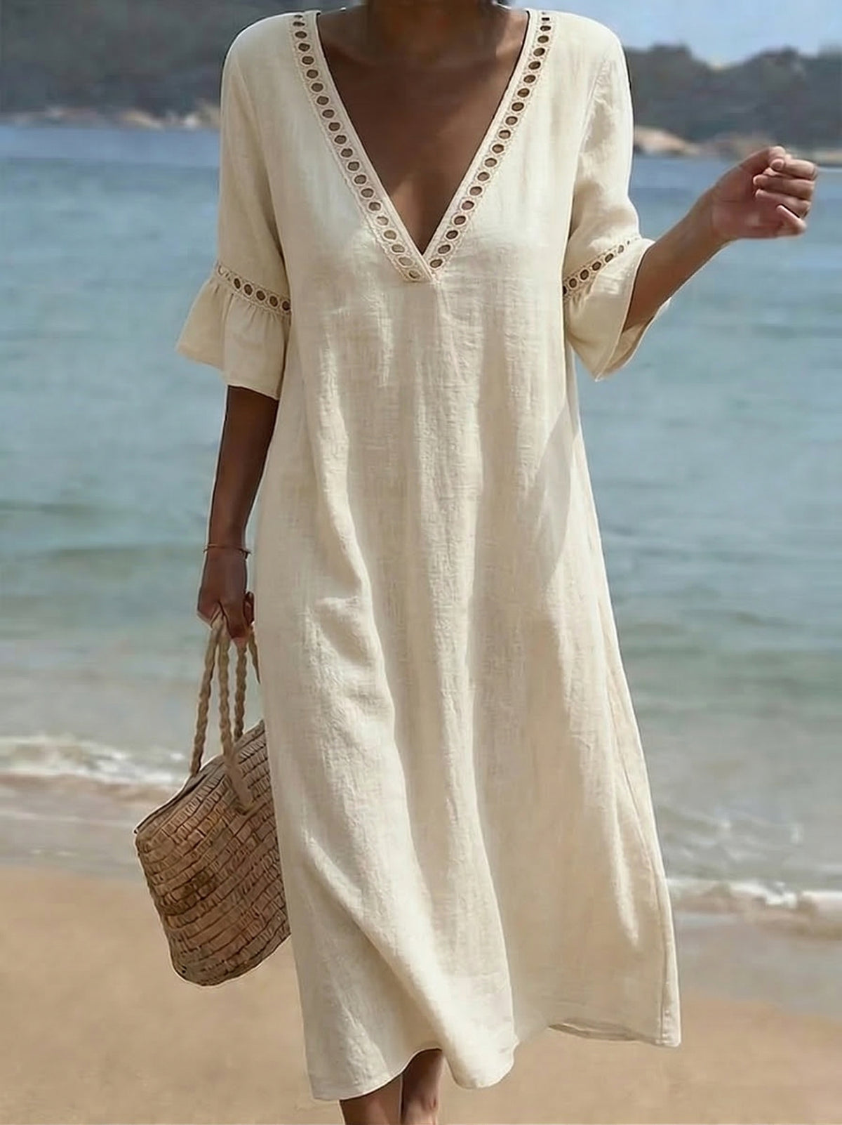 Cozy Cutout-panel V-neck Cotton-linen Dress