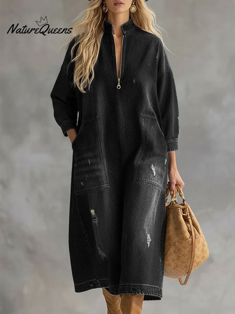 Women's Stand Collar Long Sleeve Casual Loose Denim Dress