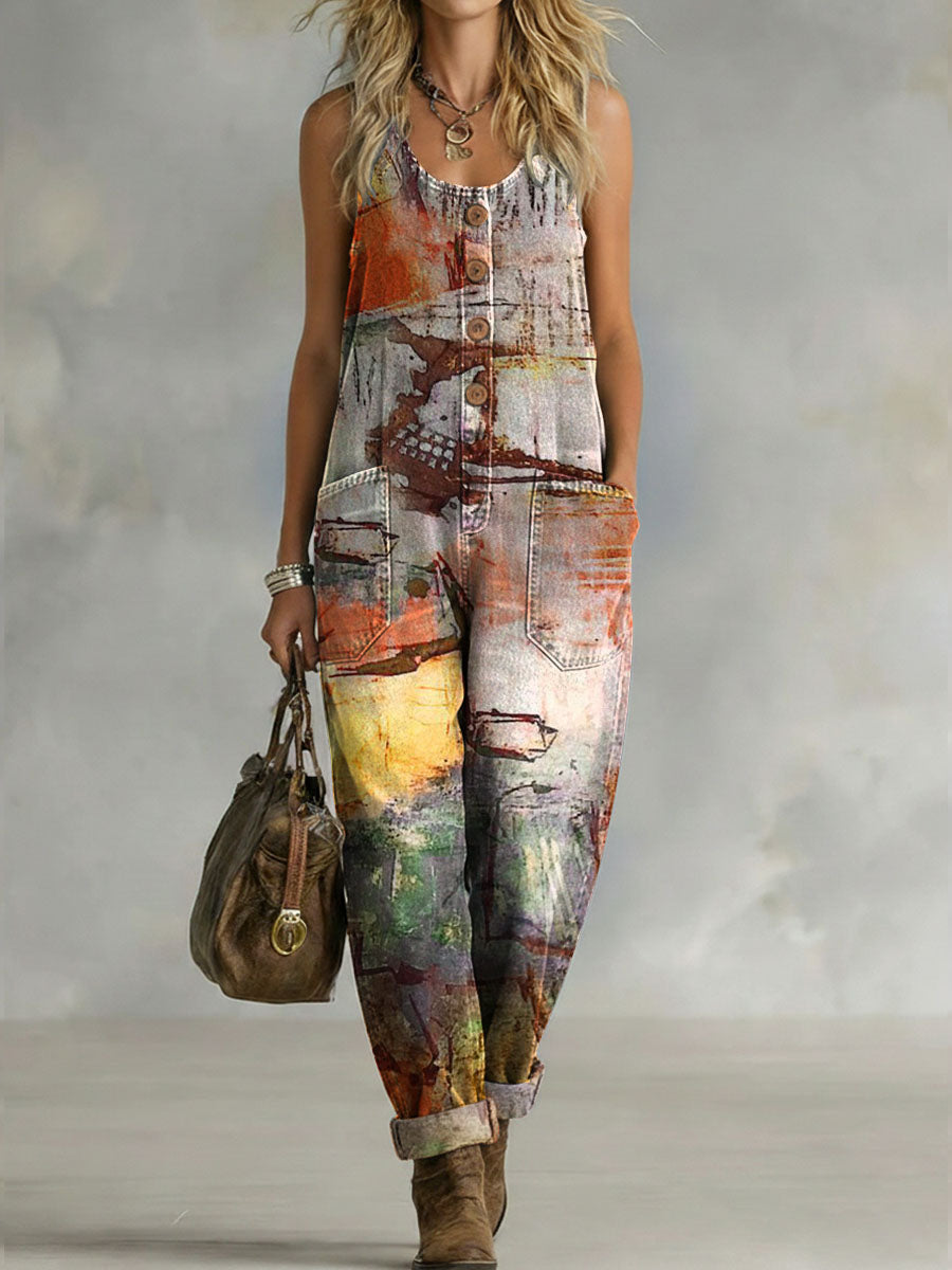 Women's Mottled Art Print Casual Denim Jumpsuit