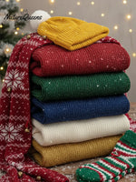 Christmas Sparkling Cozy V-neck Lantern Sleeve Knit Sweater