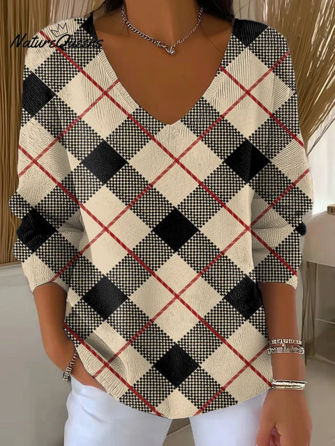 Women's Plaid Pattern Art Print Casual V-Neck Sweater