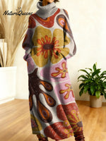 Women's Retro Flowers High-neck Long-sleeve Casual Loose Knit Dress