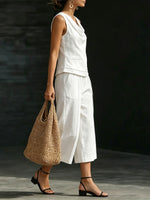 Women's Loose-fit Linen Outfit: Sleeveless Vest & Cropped Wide-leg Pants Set