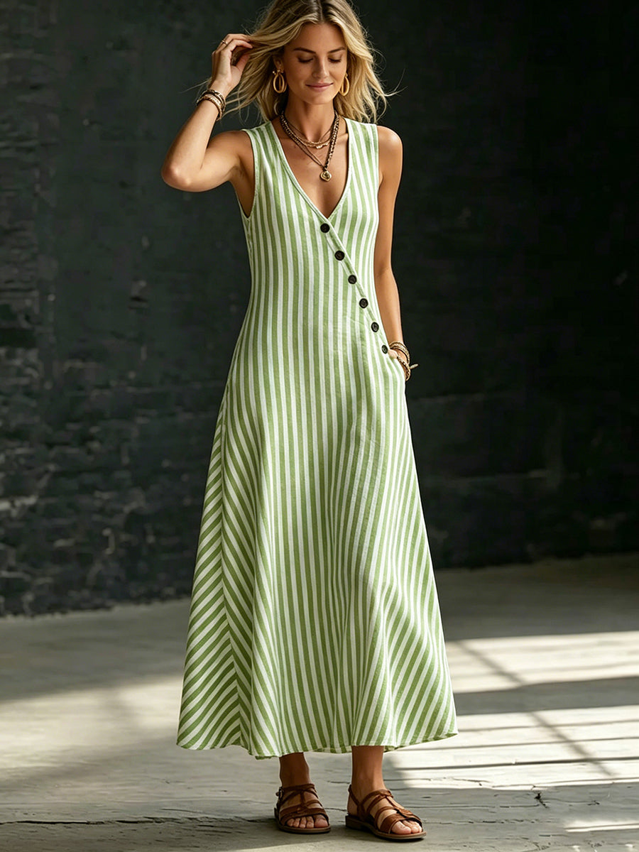 Cozy Classic Striped Button-front Cotton-linen Dress