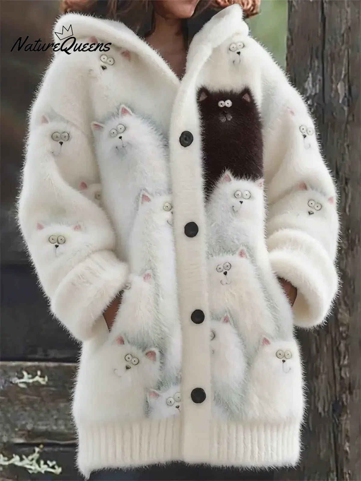 Women's Funny Cats Pattern Art Print Casual Fleece Coat