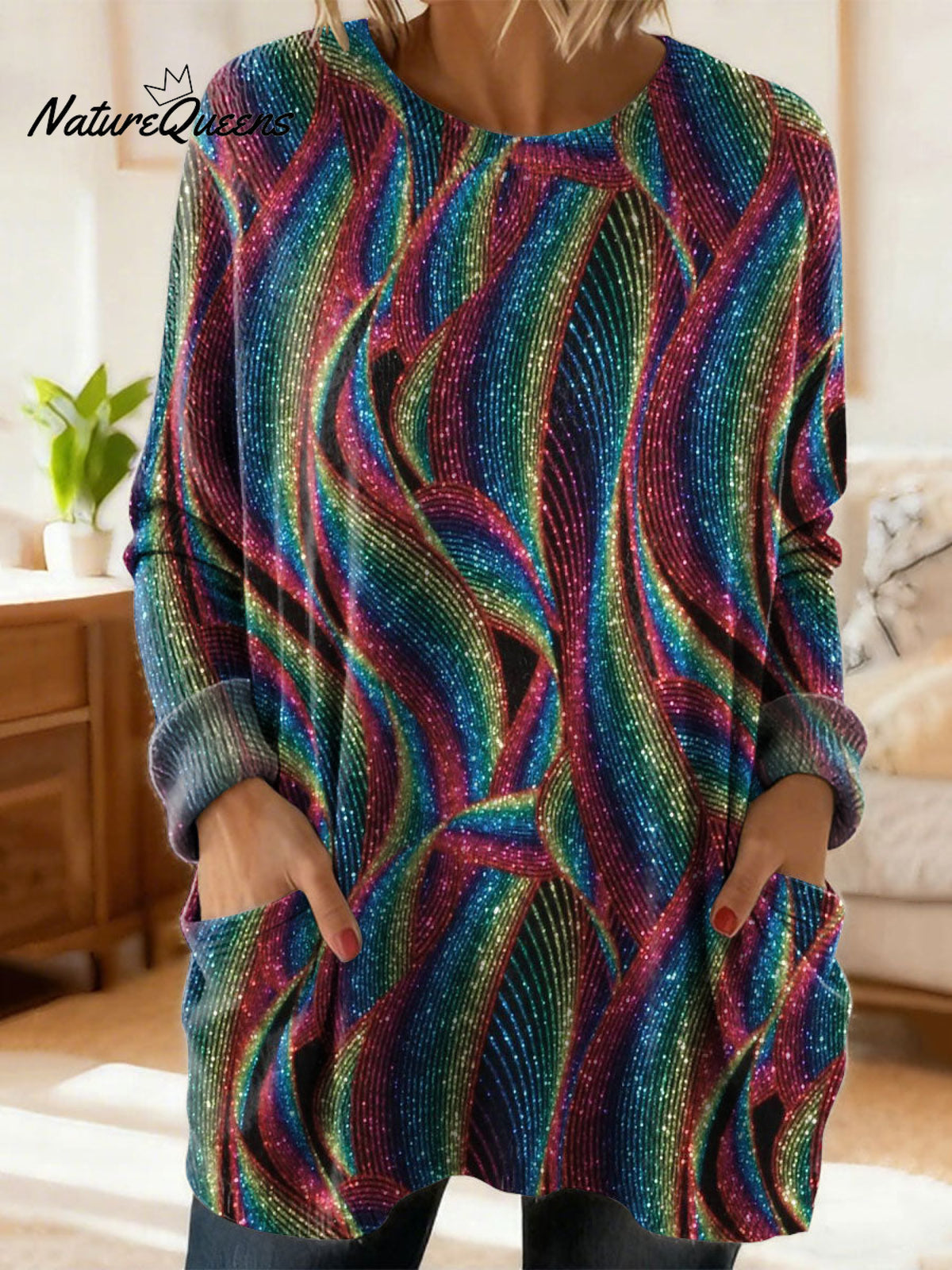 Women's Retro Abstract Pattern Art Print Casual Cotton Knitted Sweater