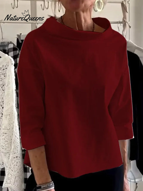 Women's Solid Color Stand Collar Long-sleeved Casual Loose Cotton Shirt