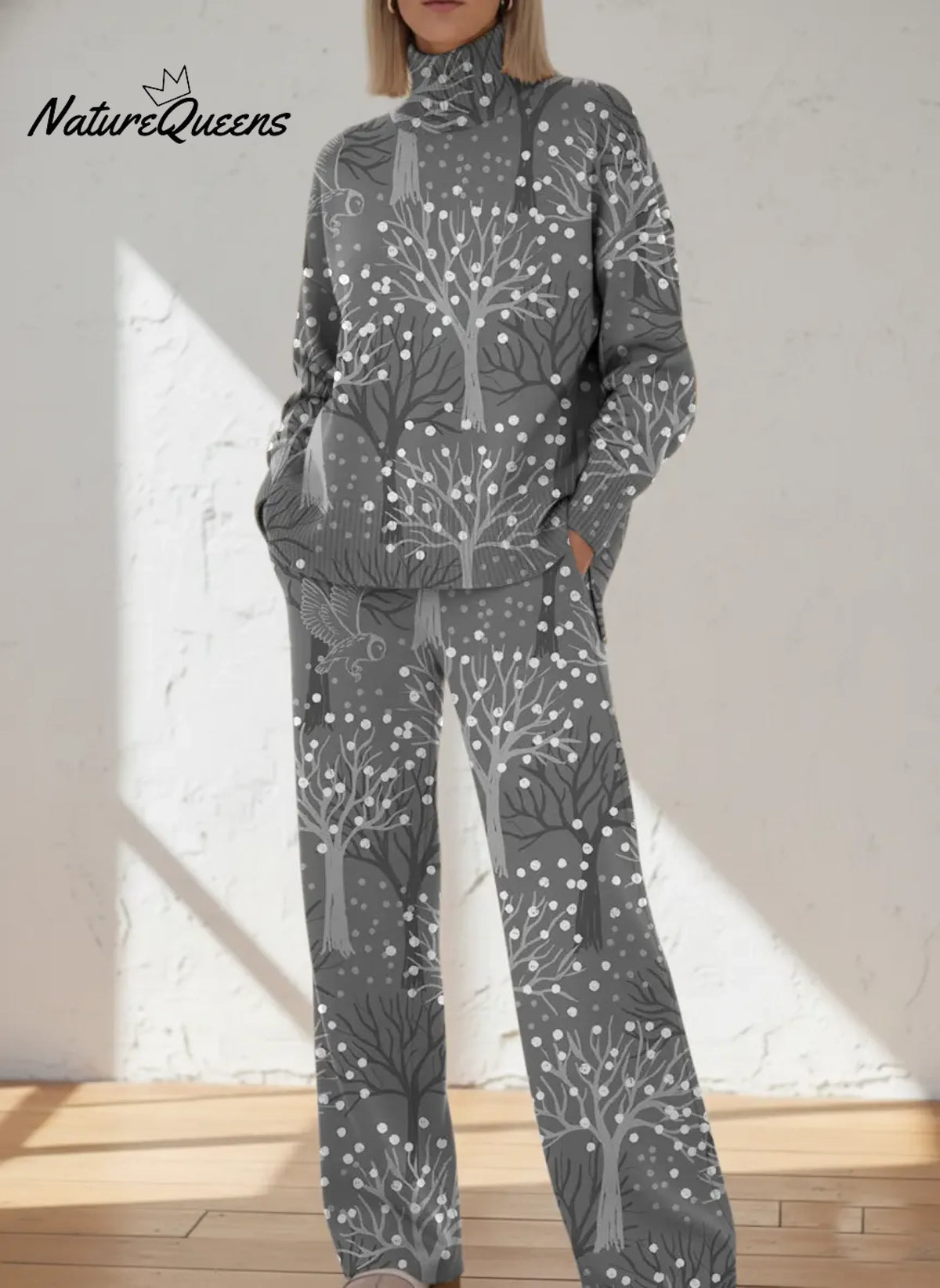 Women's Vintage Tree Art Print Casual Knitted Cotton Top Pants Suit