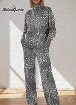 Women's Vintage Tree Art Print Casual Knitted Cotton Top Pants Suit