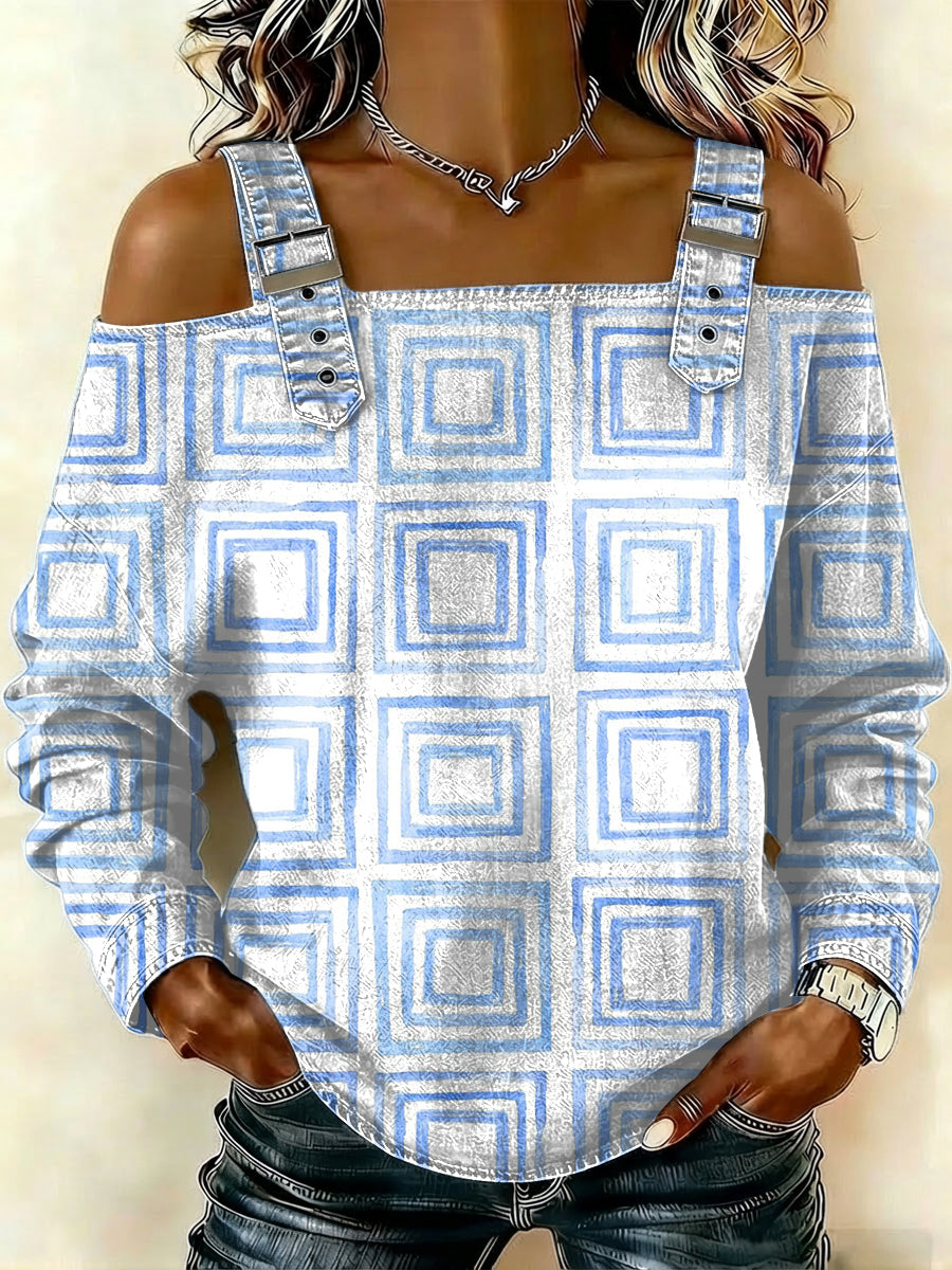 Women‘s Vintage Geometry Pattern Art Print Casual Cotton Shirt