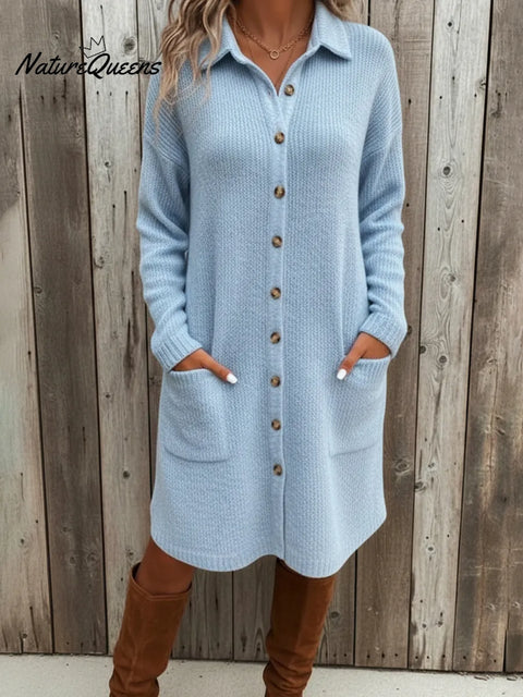 Women's Casual Pocket Knit Midi Shirt Dress