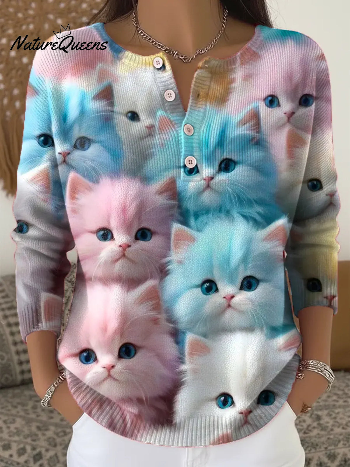Women's Funny Cats Pattern Art Print Casual Cardigan Sweater