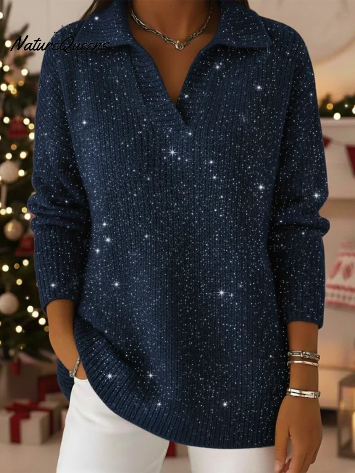 Christmas Party Polo Collar Shiny Loose Sweater Top