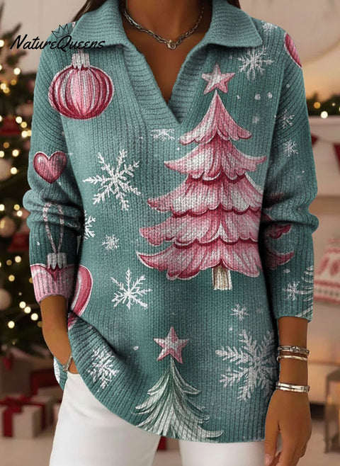 Christmas Tree Snowflakes Art Pattern Art Polo Collar Shiny Loose Sweater Top