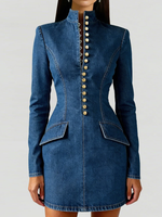 Elegant Stand-collar Button-up Denim Mini Dress