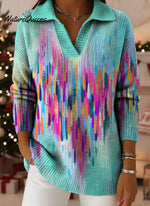 Christmas Retro Gradient Ethnic Art Pattern Art Polo Collar Shiny Loose Sweater Top