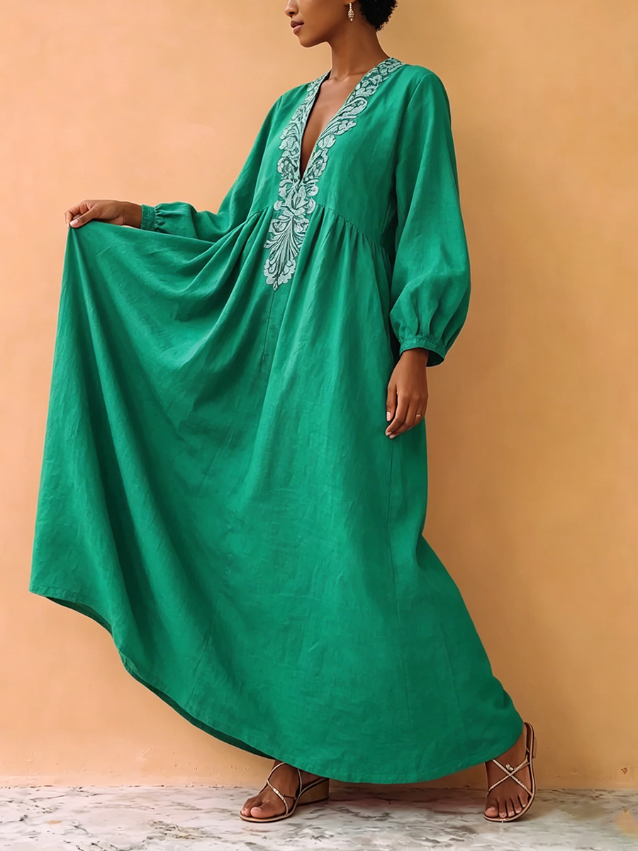 Boho Artistic Print Cotton-linen Maxi Dress