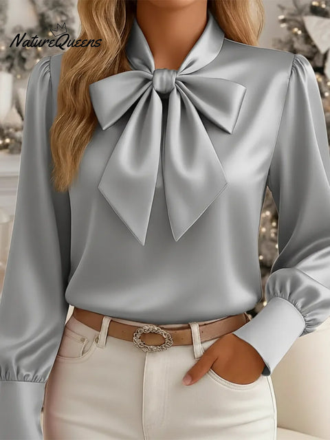 Women's Elegant Satin Shirt With Bow Tie