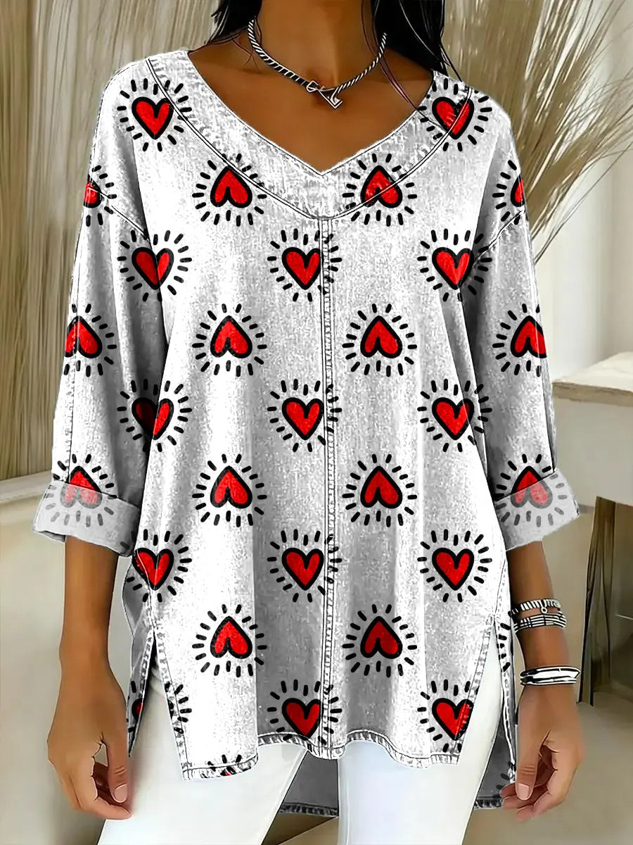 Women's Love Pattern Art Print Casual Denim Shirt