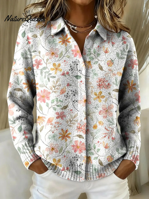 Women's Fresh Small Floral Print Printed Collared Sweater
