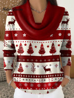 Women's Vintage Christmas Tree Art Print Cowl Neck Sweater