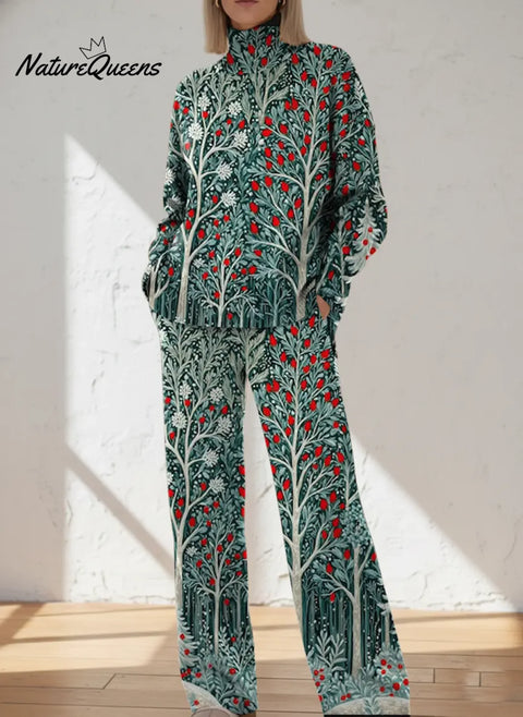 Women's Christmas Forest Art Print Casual Knitted Cotton Top Pants Suit