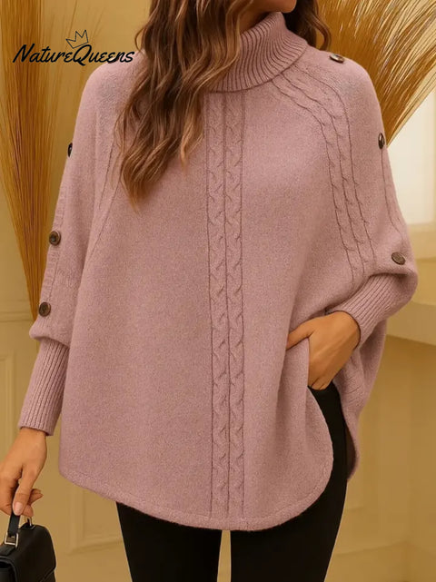 Women's Solid Color High-neck Casual Button-up Loose Knit Top