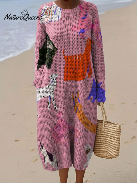 Cute Dogs Decorative Pattern Women's Casual Round Collar Long Sleeve Dress