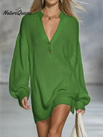 Women's Cozy V-neck Knit Sweater Dress