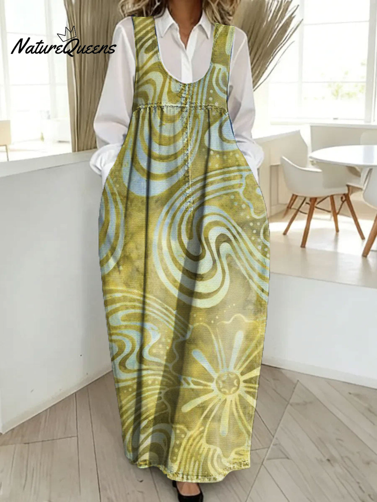 Women's Retro Splicing Colorful Flowers Pattern Art Print Casual Cotton Denim Dress