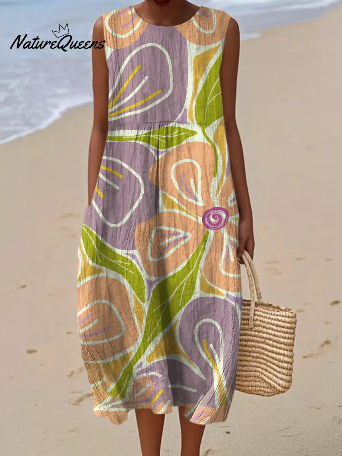 Women's Vintage Flower Pattern Art Print Casual Cotton Denim Dress