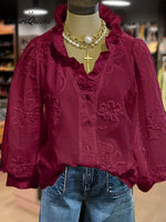 Women's Vintage Flower Art Print Casual Cotton And Linen Ruffle Shirt