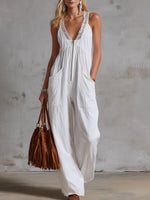 Women's Solid-color V-neck Sleeveless Casual Loose Cotton-linen Wide-leg Jumpsuit